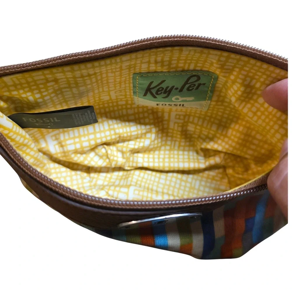 Fossil Key-Per Multi-Color Geometric Coated Canvas Pouch with Leather Trim